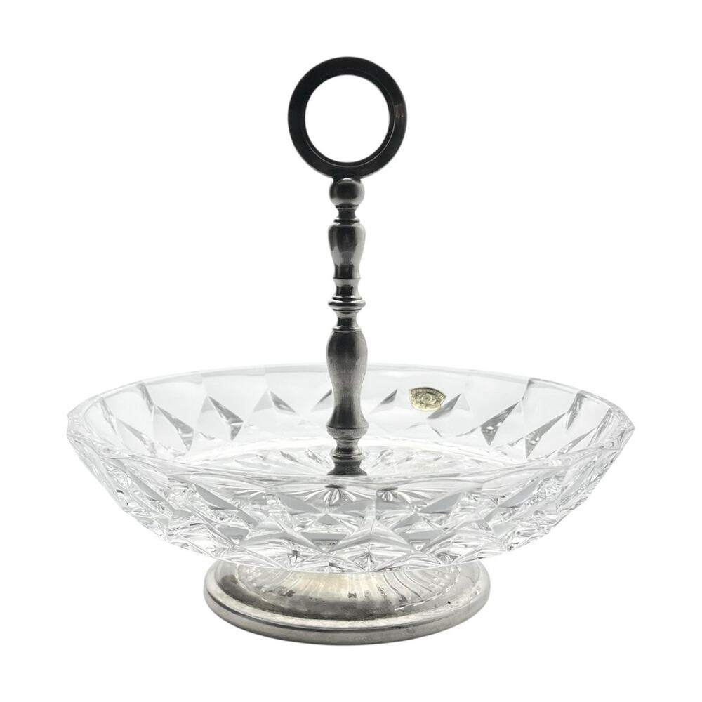Val Saint Lambert “Imperial” Crystal & Silverplate Serving Bowl w/Handle 7 1/2”